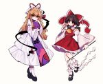  2girls absurdres ascot black_footwear blonde_hair blush bow brown_eyes brown_hair commentary detached_sleeves dress flame_print frilled_bow frilled_hair_tubes frills gap_(touhou) gohei hair_bow hair_tubes hakurei_reimu hat hat_ribbon highres holding holding_gohei long_hair long_sleeves looking_at_viewer mary_janes mob_cap multiple_girls ofuda purple_tabard red_bow red_skirt ribbon ribbon-trimmed_sleeves ribbon_trim shoes skirt skirt_set smile tabard tohou89 touhou very_long_hair wide_sleeves yakumo_yukari yellow_ascot yin_yang yin_yang_print 