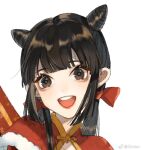  1girl black_hair blunt_bangs blunt_ends bow brown_eyes capelet chinese_clothes chinese_commentary commentary_request cone_hair_bun double_bun eyelashes fur-trimmed_capelet fur_trim hair_bow hair_bun hime_cut lipstick long_hair looking_at_viewer low_twintails makeup open_mouth original red_bow red_capelet red_lips simite simple_background smile solo straight_hair teeth twintails upper_body upper_teeth_only weibo_watermark white_background 