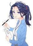  1girl :d blue_hair blue_shirt blush breasts collared_shirt from_side hair_between_eyes hair_tie hand_up hashtag-only_commentary holding holding_paper holding_pen ive_(stellive) lanyard long_hair long_sleeves looking_at_viewer looking_to_the_side medium_breasts open_clothes open_mouth open_shirt paper pen ponytail shirt sideways_glance simple_background smile solo stellive talnory teeth thick_eyelashes translation_request upper_body upper_teeth_only violet_eyes white_background white_shirt 
