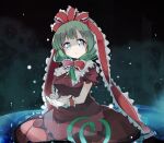  1girl aqua_eyes bow dress frilled_bow frilled_dress frilled_ribbon frills front_ponytail green_hair hair_bow hair_ribbon highres kagiyama_hina looking_at_viewer pachio_(patioglass) puffy_short_sleeves puffy_sleeves red_bow red_dress red_ribbon ribbon short_sleeves solo touhou 