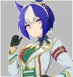  1girl absurdres animal_ears bigkwl black_gloves blue_hair braid cesario_(umamusume) crown_braid gloves grey_background highres horse_ears horse_girl jacket multicolored_hair short_hair simple_background solo two-tone_hair umamusume violet_eyes white_hair white_jacket 