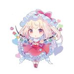  1girl ascot bat_wings blonde_hair chibi crystal flandre_scarlet hat hat_ribbon hiyuu_(hiyualice) mob_cap multicolored_wings one_side_up puffy_short_sleeves puffy_sleeves red_eyes red_vest ribbon short_sleeves side_ponytail skirt skirt_set solo star_(symbol) touhou traditional_media vest white_hat wings yellow_ascot 