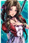  1girl aerith_gainsborough blue_background border bracelet brown_hair choker closed_mouth cropped_jacket dress final_fantasy final_fantasy_vii final_fantasy_vii_remake green_eyes hair_ribbon hand_on_own_chest highres holding holding_polearm holding_weapon jacket jewelry long_hair necklace open_clothes open_jacket outside_border pink_dress pink_ribbon polearm polearm_behind_back puffy_short_sleeves puffy_sleeves ribbon short_sleeves smile solo weapon white_border xriviia 