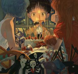  1boy 2girls absurdres angel_(evangelion) arael arm_on_table armisael_(evangelion) ayanami_rei beaker birthday_cake blue_hair brown_eyes cake candle candlelight character_doll character_request commentary cross eva_00 eva_01 figure food head_rest highres ikari_shinji ikuta41 indoors israfel_(evangelion) lance_of_longinus_(evangelion) latin_cross light_blue_hair looking_at_another matariel multiple_girls neon_genesis_evangelion night orange_hair puffy_short_sleeves puffy_sleeves ramiel_(evangelion) sachiel_(evangelion) sahaquiel_(evangelion) shamshel_(evangelion) short_sleeves souryuu_asuka_langley strawberry_cake stuffed_toy zeruel_(evangelion) 