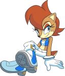  1girl animal_ears bare_shoulders blue_eyes boots brown_fur chipmunk_girl crop_top crossed_legs drawloverlala english_commentary full_body furry furry_female gloves highres looking_at_viewer pants redesign redhead sally_acorn short_hair sitting sleeveless smile solo sonic_(series) sonic_the_hedgehog_(archie_comics) tail transparent_background white_gloves white_pants 