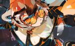  1girl animal_ears animal_print anniversary arknights body_fur close-up furry furry_female glasses idkuroi looking_at_viewer open_mouth orange_eyes orange_hair round_eyewear short_hair solo tail tiger_ears tiger_girl tiger_print tiger_tail waai_fu_(arknights) 