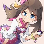  1girl blue_eyes bow brown_hair closed_mouth cropped_shirt earrings hair_bow hair_ribbon holding holding_poke_ball idol jewelry looking_at_viewer master_ball may_(pokemon) pearl_earrings pink_bow pink_ribbon pink_skirt poke_ball pokemon pokemon_oras purple_ribbon ribbon roy_payne shirt skirt smile solo white_background white_shirt yellow_ribbon 
