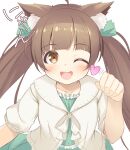  1girl ahoge animal_ear_fluff animal_ears blush bow breasts brown_eyes brown_hair collarbone dot_nose dress fake_animal_ears frilled_dress frills green_dress green_ribbon hair_bow hakozaki_serika hand_up heart highres idolmaster idolmaster_million_live! idolmaster_million_live!_theater_days jacket kageira long_hair looking_at_viewer motion_lines one_eye_closed open_mouth paw_pose ribbon short_sleeves simple_background small_breasts smile solo twintails upper_body white_background white_jacket 