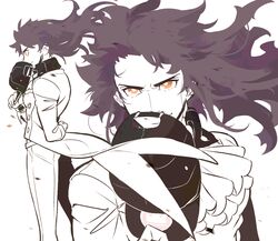  1boy arm_behind_back ascot bright_pupils buttons closed_mouth facial_hair floating_hair hat highres holding holding_clothes holding_hat leon_(pokemon) long_hair male_focus multiple_views orange_eyes pants pokemon pokemon_swsh redlhzz simple_background smile spot_color tailcoat white_pupils 