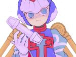  1boy blue_eyes blue_helmet blue_robe close-up cyber_elf_x_(mega_man) forehead_jewel looking_at_viewer mechanical_wings mega_man_(series) mega_man_zero_(series) robe simple_background smsb_knzm solo tears white_background wings x_(mega_man) z_saber 