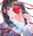  1girl absurdres black_hair blue_kimono blurry blurry_background candy_apple closed_mouth expressionless food highres holding holding_food japanese_clothes kimono long_hair looking_at_viewer miz_(elle) one_eye_covered original red_eyes red_ribbon ribbon summer_festival upper_body white_background yukata 