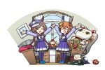  2girls animal_ears arms_up bed brown_hair charm_(object) closed_eyes commentary_request hair_ornament hairclip hamu_koutarou hat highres horse_ears horse_girl horse_tail matikane_tannhauser_(umamusume) matikanefukukitaru_(umamusume) medium_hair multiple_girls open_mouth outstretched_arms school_uniform simple_background slippers spread_arms tail thigh-highs tracen_school_uniform umamusume white_background window 