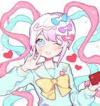  1girl ;d blue_bow blue_eyes blue_hair blush bow chinese_commentary chouzetsusaikawa_tenshi-chan commentary_request hair_bow hands_up heart holding holding_phone long_hair long_sleeves looking_at_viewer multicolored_hair needy_girl_overdose one_eye_closed open_mouth phone pink_hair purple_bow quad_tails red_bow sailor_collar smile solo upper_body w white_background white_hair wufaminmiedeai yellow_bow 