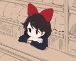  1girl arms_on_table black_dress black_eyes bow brown_hair crossed_arms dokan_(dkn) dress hair_bow head_rest indoors kiki_(majo_no_takkyuubin) looking_ahead majo_no_takkyuubin no_nose red_bow shelf short_hair solo upper_body 