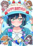  4girls adjusting_clothes adjusting_headwear birthday birthday_cake birthday_sash black_hair blazer blue_eyes blue_hair blue_hat blue_jacket blunt_bangs blush bob_cut bow braid brown_hair cake cake_hat camera casual chibi closed_mouth confetti delicious_party_precure dog food fuwa_kokone gift green_eyes hair_ornament hair_ribbon hairclip happy_birthday hat highres holding holding_camera holding_gift holding_plate jacket long_sleeves looking_at_viewer moro_precure multiple_girls pam-pam_(precure) paper_chain plate precure red_eyes ribbon shirt shirt_bow short_hair smile solo_focus translated twin_braids twitter_username two-tone_hat two_side_up violet_eyes watch watch white_bow white_hat white_shirt 