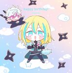  2boys :d black_footwear black_gloves black_jacket black_pants blonde_hair blue_eyes blue_hair chibi clouds commentary_request fang full_body gloves hair_between_eyes happy_birthday highres idol_land_pripara jacket kuji-in long_hair long_sleeves looking_at_viewer male_focus mini_person miniboy multicolored_hair multiple_boys on_cloud ooedo_shinya open_mouth pants pink_eyes pink_hair poro_(pweedro) pretty_series pripara short_hair shuriken sky smile solo_focus standing streaked_hair sweatdrop ushimitsu_(pripara) weapon 