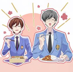  1boy 1girl bento black_necktie blazer blue_jacket brown_hair cardcaptor_sakura chinese_commentary chopsticks closed_eyes commentary_request cropped_torso crossdressing crossover curry curry_rice dress_shirt eating food fujioka_haruhi glasses grey_hair hair_behind_ear hand_up happy_aura highres holding holding_chopsticks holding_spoon jacket ludaoqing necktie open_mouth ouran_high_school_host_club ouran_high_school_uniform outline pink_outline reverse_trap rice round_eyewear school_uniform shirt short_hair side-by-side smile spoon tsukishiro_yukito white_outline white_shirt 