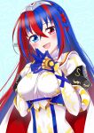  1girl absurdres alear_(female)_(fire_emblem) alear_(fire_emblem) blue_background blue_eyes blue_hair braid breasts commentary_request crossed_bangs crown_braid fire_emblem fire_emblem_engage heterochromia highres large_breasts long_hair looking_at_viewer multicolored_hair open_mouth own_hands_together red_eyes redhead smile solo split-color_hair steepled_fingers tiara two-tone_hair very_long_hair zero-theme 