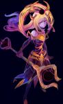  1girl absurdres black_dress blonde_hair closed_mouth colored_skin dress eyelashes facial_mark full_body highres holding holding_staff horns league_of_legends long_hair lux_(league_of_legends) purple_skin red_eyes shimatta solo staff standing unamused very_long_hair 
