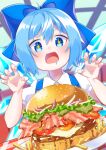  +_+ 1girl absurdres bacon blue_eyes blue_hair blush bow burger cirno claw_pose drooling food french_fries fried_egg hair_bow highres open_mouth re_mistar short_hair solo touhou 