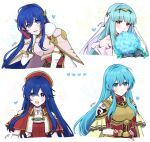  4girls :d aqua_hair armor bare_shoulders blue_eyes blue_hair blue_theme bouquet breastplate bride caeda_(beloved_queen)_(fire_emblem) caeda_(fire_emblem) cape closed_mouth clothing_cutout detached_sleeves dress earrings eirika_(fire_emblem) fingerless_gloves fire_emblem fire_emblem:_mystery_of_the_emblem fire_emblem:_the_binding_blade fire_emblem:_the_blazing_blade fire_emblem:_the_sacred_stones fire_emblem_heroes gloves hair_between_eyes hair_ribbon heart highres holding holding_bouquet jewelry lilina_(fire_emblem) long_hair looking_at_viewer misato_hao multiple_girls ninian_(bridal)_(fire_emblem) ninian_(fire_emblem) open_mouth pauldrons red_dress red_eyes red_gloves ribbon shoulder_armor shoulder_cutout smile upper_body white_ribbon 