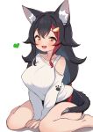  1girl :d absurdres animal_ear_fluff animal_ears arms_between_legs barefoot black_hair black_shorts blush breasts brown_eyes commentary_request hair_ornament heart highres hololive kani_bonara large_breasts long_hair long_sleeves looking_at_viewer multicolored_hair official_alternate_costume ookami_mio ookami_mio_(casual) paw_print redhead shirt shorts simple_background sitting smile solo streaked_hair tail tail_around_own_leg very_long_hair virtual_youtuber wariza white_background white_shirt wolf_ears wolf_girl wolf_tail 