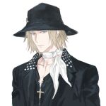  1boy black_hat black_jacket blonde_hair blue_eyes bucket_hat collarbone collared_jacket crescent crescent_pin cross evan_townshend expressionless final_fantasy final_fantasy_vii final_fantasy_vii_advent_children hat jacket looking_at_viewer male_focus medium_hair open_clothes open_jacket quxiaochong scarf simple_background solo studded_jacket upper_body white_background white_scarf zipper 
