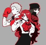  1girl 2boys aragaki_shinjirou bow brown_hair grey_background highres kirijou_mitsuru looking_at_viewer moguranekotora multiple_boys outline persona persona_3 red_bow red_outline redhead sanada_akihiko school_uniform shirt simple_background white_hair white_shirt 