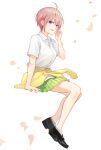  1girl absurdres ahoge ankle_socks bare_arms bare_legs black_footwear blue_eyes breasts clothes_around_waist collared_shirt falling_petals go-toubun_no_hanayome green_skirt hand_on_own_face highres jacket jacket_around_waist legs loafers looking_at_viewer meijin_kusano nakano_ichika open_mouth petals pink_hair pixie_cut pleated_skirt school_uniform shirt shoes short_hair short_sleeves skirt socks teeth thighs upper_teeth_only white_shirt white_socks yellow_jacket 