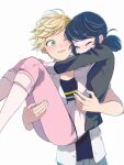  1boy 1girl adrien_agreste black_jacket black_shirt blazer blonde_hair blue_hair blush carrying closed_eyes earrings green_eyes highres jacket jewelry marinette_dupain-cheng miraculous_ladybug one_eye_closed open_clothes open_jacket pants pink_pants princess_carry ring seio_(nao_miragggcc45) shirt simple_background smile white_background white_jacket white_shirt 