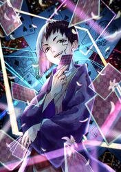  1girl 2boys abstract_background ace_(playing_card) ace_of_hearts asagiri_gen black_hair card card_background club_(shape) diamond_(shape) dr._stone facial_mark flower flower_request grey_eyes heart highres holding holding_card jacket joker_(playing_card) king_(playing_card) long_sleeves looking_at_viewer male_focus multicolored_hair multiple_boys nanami_ryuusui open_mouth playing_card purple_jacket shirt smile solo_focus spade_(shape) suika_(dr.stone) tanaka_fumiko teeth two-tone_hair upper_body upper_teeth_only white_flower white_hair white_shirt wide_sleeves 