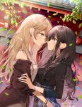  2girls bare_shoulders blonde_hair blush bracelet breasts brown_hair couple earrings green_eyes highres hug jewelry light_brown_hair long_hair looking_at_another multiple_girls necklace open_mouth original parted_hair red_eyes shirt skirt smile wavy_hair yukiko_(tesseract) yuri 