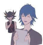  ... 2boys alternate_costume bad_id bad_lofter_id black_hair black_tank_top blue_eyes blue_hair bruno_(yu-gi-oh!) closed_eyes cropped_torso expressionless flat_color fudo_yusei grey_shirt hand_on_own_chin hand_up hands_up highres holding holding_paper male_focus multicolored_hair multiple_boys naoki_(2rzmcaizerails6) nervous_smile no_jacket open_mouth paper shirt short_hair simple_background smile spiky_hair streaked_hair sweat tank_top upper_body white_background yu-gi-oh! yu-gi-oh!_5d&#039;s 