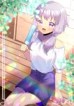  1girl :d blue_shorts blurry blurry_foreground blush collarbone commentary_request commission day depth_of_field feet_out_of_frame food holding holding_food kou_hiyoyo long_hair looking_at_viewer off-shoulder_shirt off_shoulder outdoors popsicle puffy_short_sleeves puffy_sleeves purple_hair shirt short_sleeves shorts sitting skeb_commission smile solo violet_eyes vocaloid voiceroid white_shirt yuzuki_yukari 