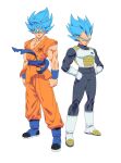  2boys armor black_jacket black_pants blue_eyes blue_footwear blue_hair blue_sash blue_wristband boots dougi dragon_ball dragon_ball_z_fukkatsu_no_f emblem gloves hands_on_own_hips highres jacket looking_at_viewer medium_hair multiple_boys nachairo orange_pants orange_tunic pants saiyan_armor sash simple_background son_goku spiky_hair super_saiyan super_saiyan_blue vegeta white_armor white_background white_footwear white_gloves 