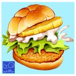  artist_logo artist_name bread burger chicken_(food) food food_focus fruit highres mayonnaise no_humans original pineapple pineapple_slice yuki00yo 