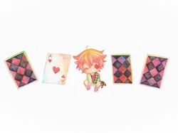  1boy ace_trappola card chibi full_body kirakira_huuuki male_focus orange_hair painting_(medium) playing_card short_hair simple_background sitting solo traditional_media twisted_wonderland watercolor_(medium) white_background 