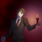  1boy black_jacket black_pants brown_eyes brown_hair candle chinese_commentary chuanlinanjiana collared_shirt commentary_request cowboy_shot fire hair_between_eyes highres jabuchi_you jacket long_sleeves male_focus necktie pants red_background red_necktie saibou_shinkyoku shirt solo suit white_shirt 