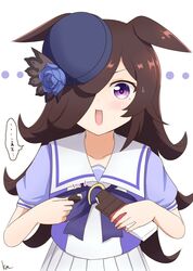  ... 1girl animal_ears bow bowtie brown_hair candy chocolate chocolate_bar ears_down flower food hair_over_one_eye hat hat_flower holding holding_food horse_ears horse_girl kimukimu long_hair open_mouth purple_hair rice_shower_(umamusume) short_sleeves smile solo tracen_training_uniform translation_request umamusume 