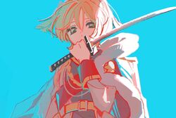  1girl aiguillette belt blonde_hair blue_background covering_own_mouth daiba_nana fur-trimmed_jacket fur_trim green_eyes half-closed_eyes hand_over_own_mouth hand_up holding holding_sword holding_weapon jacket jacket_on_shoulders jaggy_lines katana kirokuyyyy long_sleeves looking_at_viewer military_uniform red_jacket red_sash sash short_hair short_twintails shoujo_kageki_revue_starlight shoulder_sash simple_background sleeve_cuffs solo sword twintails uniform upper_body weapon yellow_belt 