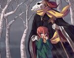  1boy 1girl absurdres animal_head animal_skull bare_tree black_coat coat delfuze elias_ainsworth forest gloves green_coat green_eyes grey_sky hatori_chise highres horns long_sleeves mahou_tsukai_no_yome nature redhead scarf skull_head sky tree white_gloves wide_sleeves winter_clothes yellow_scarf 