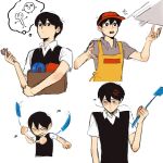  1boy anger_vein apron black_eyes black_hair black_sweater_vest bug closed_eyes closed_mouth collared_shirt fly flyswatter grey_shirt highres holding holding_wrench omori open_mouth pizza_box shirt short_hair short_sleeves solo sunny_(omori) sweater_vest teeth thought_bubble twitwi_2468 upper_teeth_only white_shirt wrench yellow_apron 