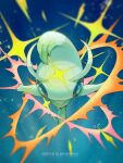  aqua_eyes artist_name blurry celebi commentary_request dated depth_of_field full_body highres no_humans outstretched_arms pmmiaomiao pokemon pokemon_(creature) solo 
