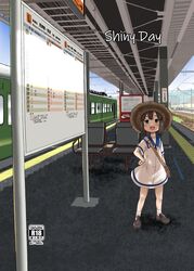  1girl black_hair blue_eyes blue_sailor_collar bob_cut cover daitou_(kancolle) dress harukaze_unipo hat high_ponytail highres kantai_collection open_mouth round_teeth sailor_collar sailor_dress short_hair short_ponytail short_sleeves smile solo sun_hat teeth train train_station upper_teeth_only white_dress 