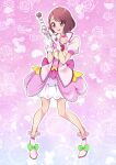  1girl absurdres ankle_boots back_bow bob_cut boots bow brown_hair choker commentary cure_grace dress floral_background full_body gloves hanadera_nodoka healin&#039;_good_precure highres holding holding_wand jacket looking_to_the_side magical_girl medium_dress mitsuki_tayura open_mouth pink_background pink_bow pink_choker pink_dress pink_footwear pink_jacket precure puffy_short_sleeves puffy_sleeves short_sleeves smile solo standing violet_eyes wand white_gloves 