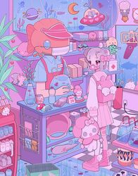  1girl 1other absurdres axolotl backpack bag convenience_store crab fish fish_tank food full_body gas_mask highres holding holding_stuffed_toy indoors kirby kirby_(series) mask my_melody onegai_my_melody original pocky randoseru ri2.0_(rinihimme) rinihimme sanrio school_uniform serafuku shoes shop standing stuffed_toy surreal visor_cap wings 