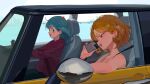  2girls aqua_hair black_skirt blonde_hair car choppy_bangs driving green_eyes highres hood hoodie horns long_hair medium_hair motor_vehicle multiple_girls nahia_(some1else45) open_mouth original pants parted_bangs purple_hoodie red_eyes sekoshi_(some1else45) side-view_mirror skirt skyline some1else45 talking_on_phone watch watch 