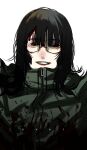  1girl black_eyes black_hair blood blood_on_clothes blood_on_face braces commentary english_commentary english_text glasses highres hoshi_san_3 long_hair looking_at_viewer mole mole_under_eye open_mouth original semi-rimless_eyewear simple_background smile solo under-rim_eyewear upper_body white_background zipper zipper_pull_tab 