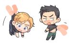  2boys ao_isami between_fingers big_head black_hair black_shirt blonde_hair blue_eyes blue_pants blush cargo_pants carrying carrying_person chibi facial_hair green_pants highres holding lewis_smith male_focus male_underwear male_underwear_peek motion_lines multiple_boys open_mouth pants shirt short_hair sideburns_stubble simple_background stubble sweatdrop underwear wasted_m9 watch watch white_background yuuki_bakuhatsu_bang_bravern 