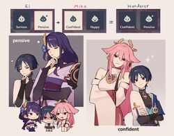  1boy 2girls animal_ears blue_hair blunt_bangs braid cheek_pinching chibi closed_eyes closed_mouth couple crossed_arms detached_sleeves earrings genshin_impact hair_between_eyes hair_ornament hand_on_another's_cheek hand_on_another's_face hand_on_own_chin happy head_tilt headpiece highres japanese_clothes jewelry long_hair long_sleeves looking_at_another looking_at_viewer looking_to_the_side mole mole_under_eye mother_and_son multiple_girls nonons open_mouth pendant pensive pinching pink_hair purple_hair raiden_shogun scaramouche_(genshin_impact) serious short_hair single_braid smirk smug standing violet_eyes wanderer_(genshin_impact) wide_sleeves yae_miko yuri 